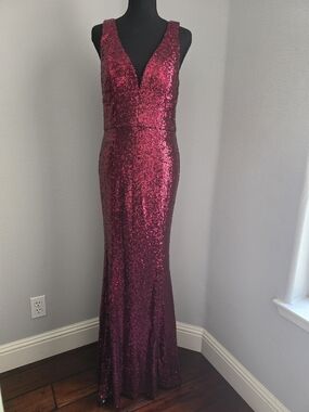 CRYSTAL DOLL Burgundy Sequin Mermaid Gown - Wired V-Neck